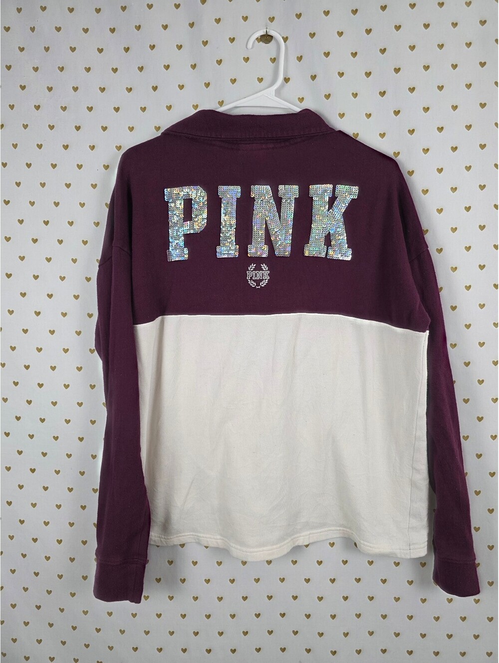Victorias Secret Pink Maroon Colorblock BLING Quarter Zip Sweater Shirt Large